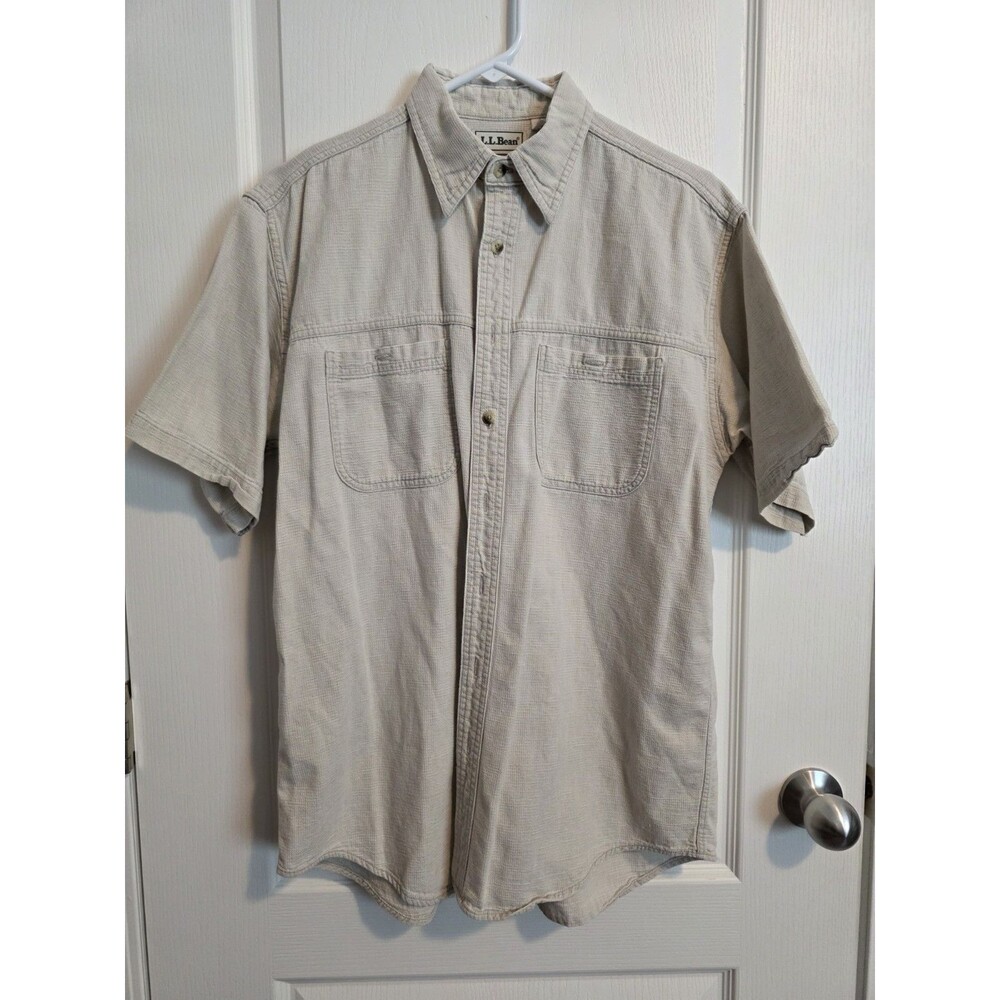 L.L. Bean Men's M Tall Beige Cotton Short Sleeve Button-Up  with Pockets 098